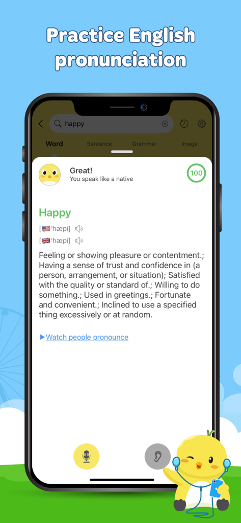 Interfaz de la app Diccionario de Inglés Dunno mostrando práctica de pronunciación en inglés con retroalimentación de hablantes nativos