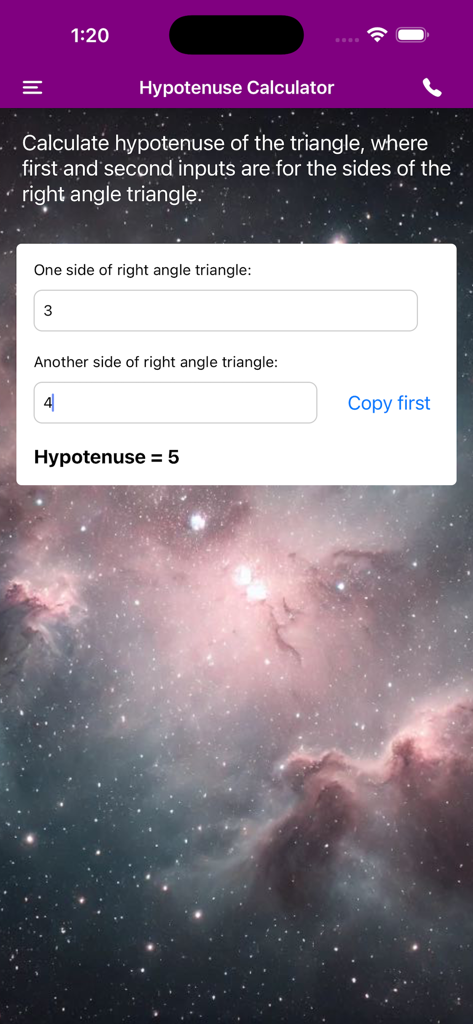 A mobile app screen showing a hypotenuse calculator with side inputs and a galaxy background