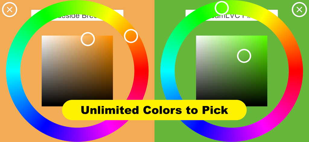 EZ-Scoreboard - Interface of the EZ-Scoreboard app showing two color wheels used to select unlimited custom team colors.