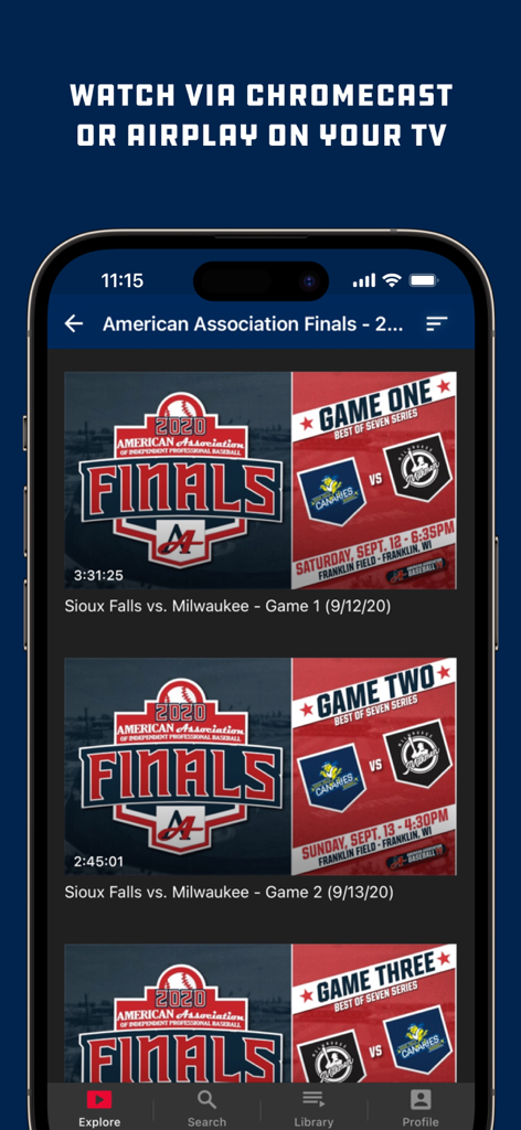 American Association TV - American Association TV app interface showing baseball game finals and Chromecast or AirPlay options