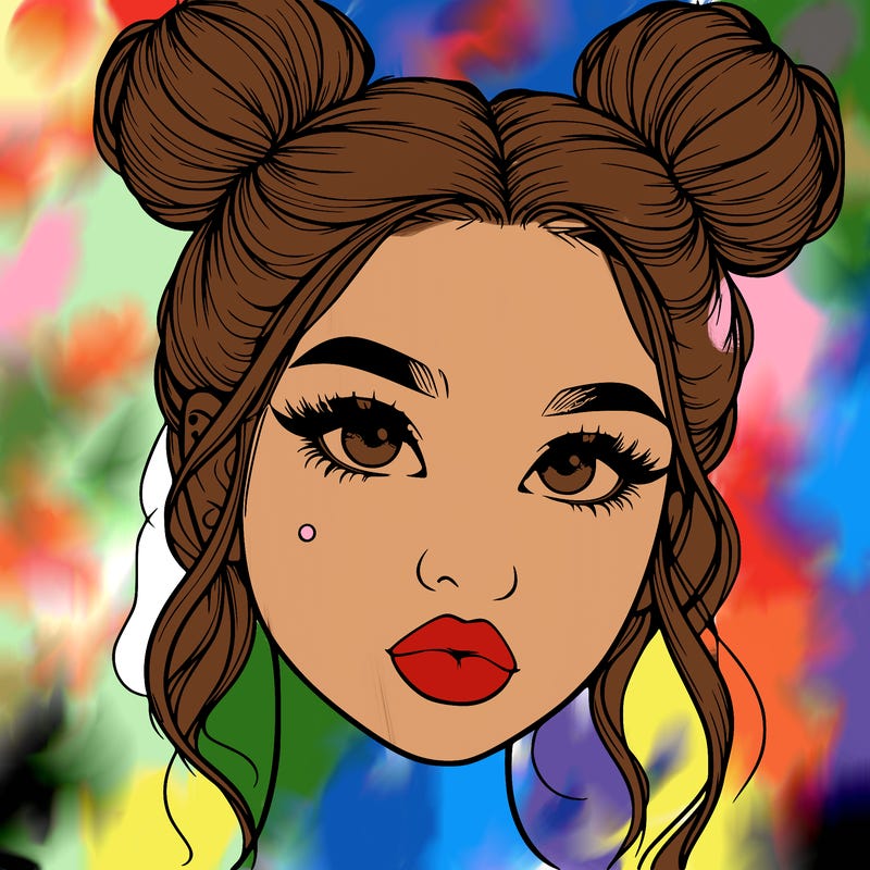 realistic girl with two buns on her hair and lips