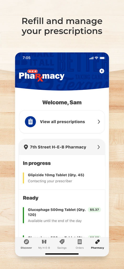 A mobile interface showing the H-E-B Pharmacy section for managing prescription refills and tracking order status