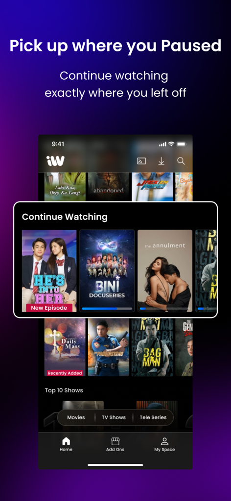 iWantTFC app interface showing the continue watching feature with popular Filipino series and movies