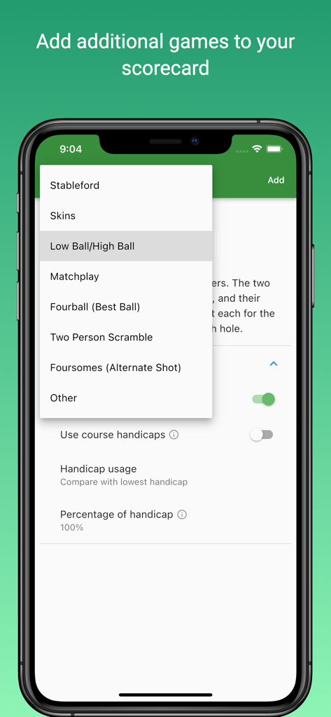 Squabbit - Golf Tournament App - Squabbit app interface for adding different golf games like Stableford and Matchplay to a scorecard