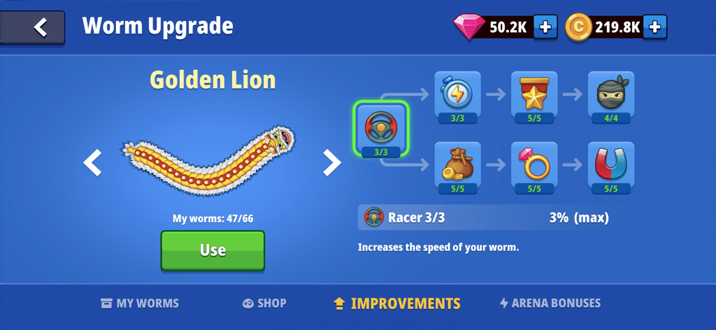 Worm Hunt upgrade screen showing the Golden Lion skin and skill tree improvements.