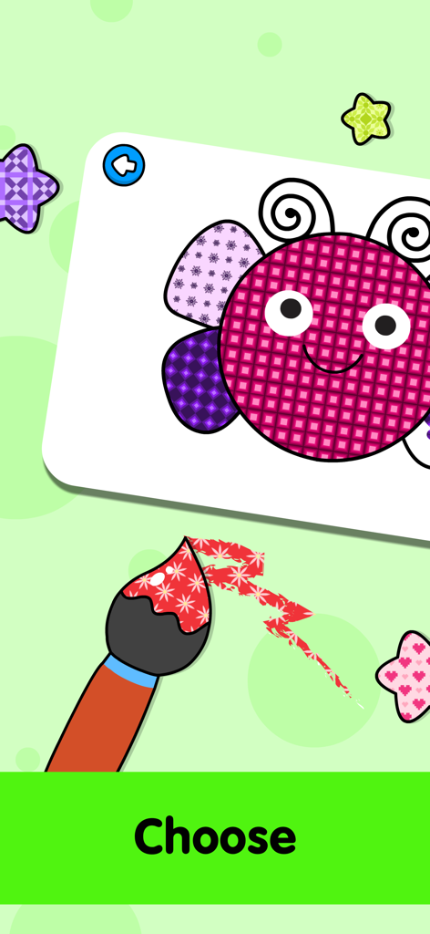 Toddler using a pattern brush to color a cute insect in a digital coloring book app
