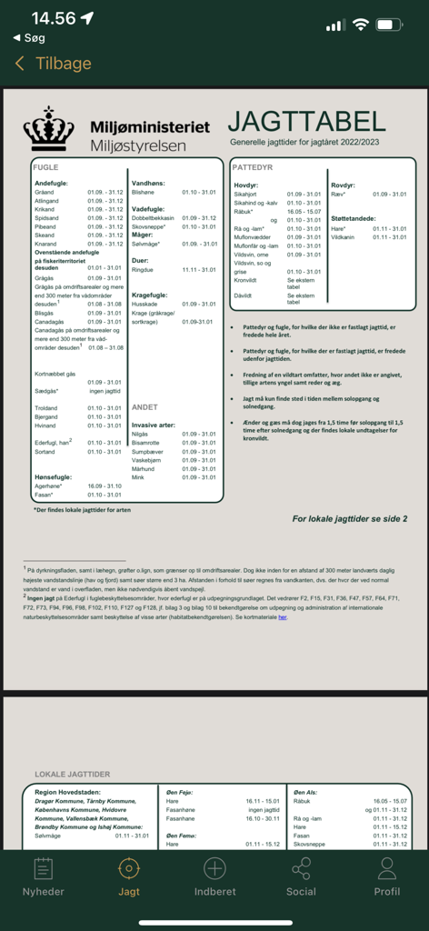 Jäger - Jagt & Jæger værktøjer - Calendario de temporadas de caza danesas para aves y mamíferos mostrado en la aplicación Jäger.