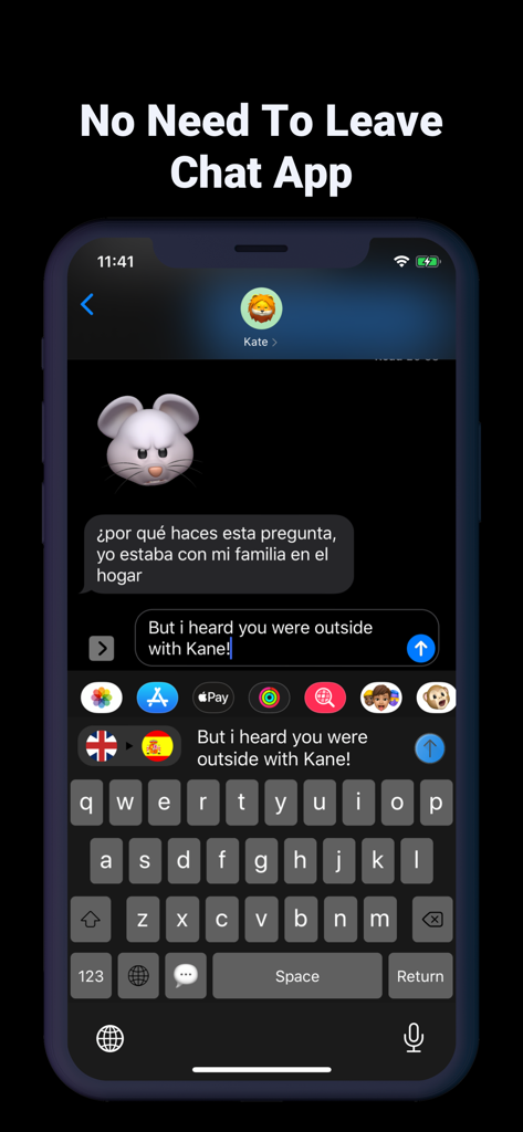 Capture d'écran montrant un smartphone utilisant Translate Keyboard pour traduire des messages anglais en espagnol directement dans une application de chat