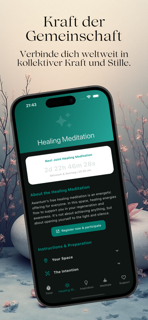 Meditation Gong - La interfaz de la aplicación Gong de Meditación mostrando una cuenta regresiva para una sesión de sanación conjunta de la comunidad.