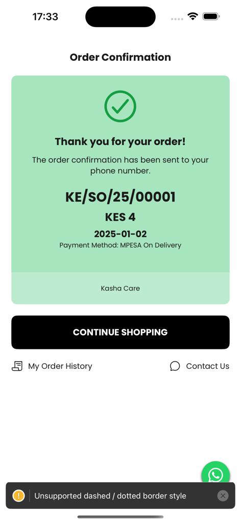 Kasha Care - Kasha Care 앱 주문 확인 화면, 성공적인 구매 및 주문 요약을 보여줍니다.