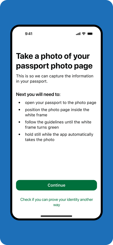 GOV.UK ID Check - パスポートの写真ページの写真を撮る方法の説明を表示するGOV.UK ID Checkアプリの画面