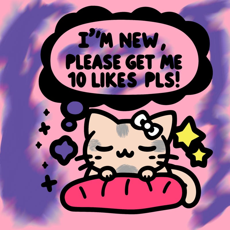 kitty taking a nap dream talking and saying "i'm new, please get me at least 10 likes pls!!"