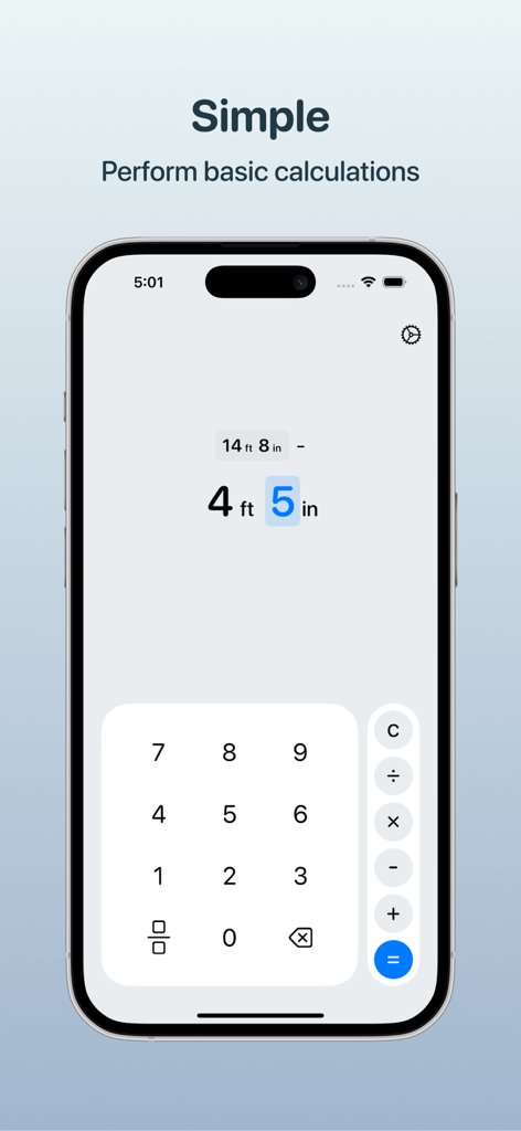 Foots app interface showing simple feet and inches calculations on iPhone