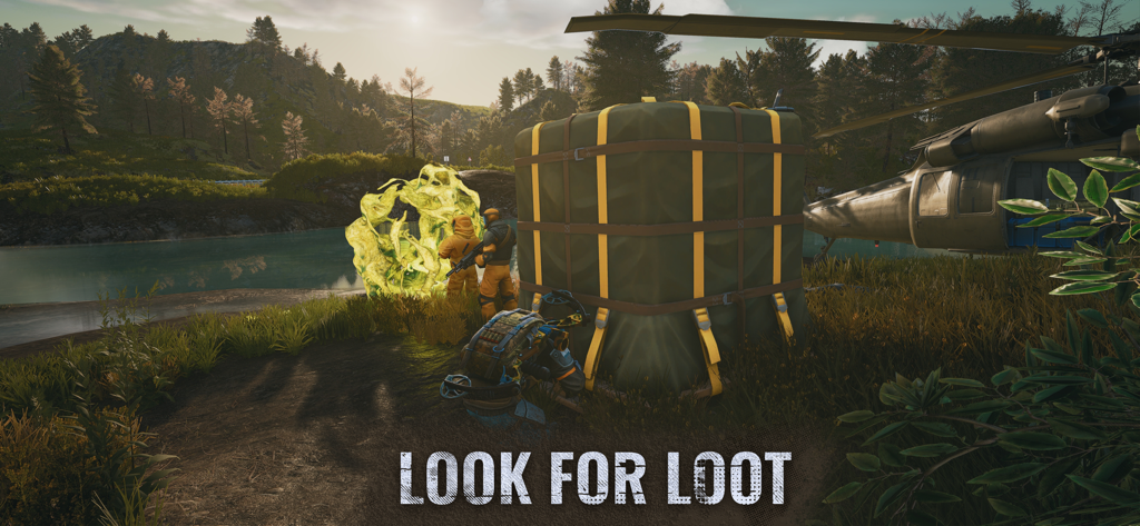 Days After: Zombie Survival - A survivor looking for loot near a large cargo crate and a helicopter in a forest setting.