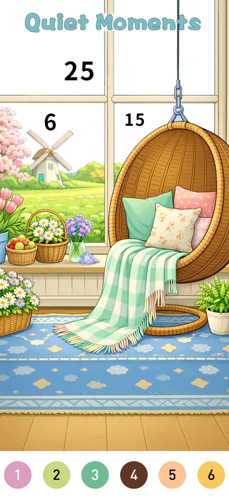 Cradle Color By Number - Cozy indoor coloring scene with a hanging chair and window view from Cradle Color