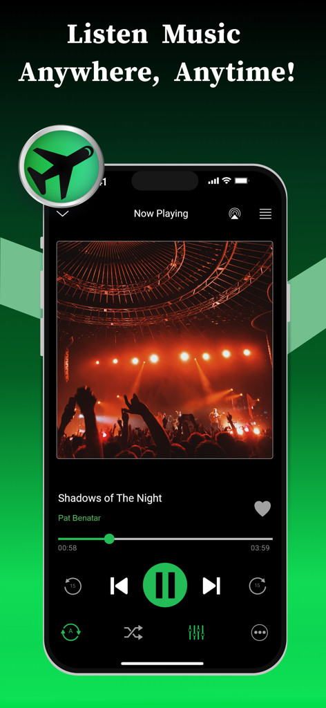 Offline Music Player app interface showing the now playing screen with a travel mode icon for listening anywhere.