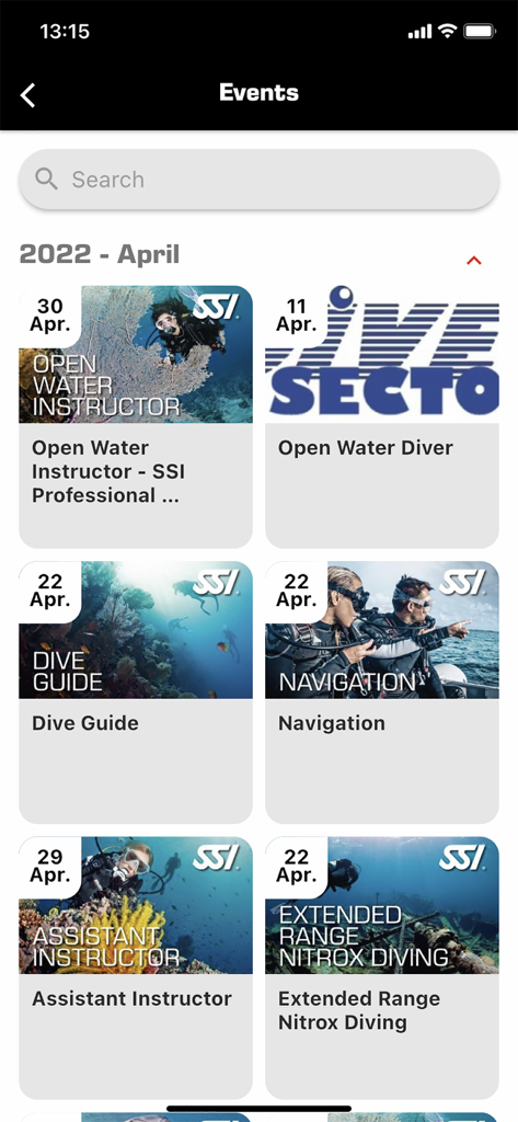 Screenshot of the MySSI app events section showing a list of scuba diving training courses like Open Water Instructor and Dive Guide with dates and images.