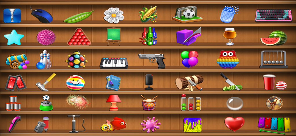 Mini Fidget Toys & Pop it Game - Selection screen featuring various antistress mini games and fidget toys on wooden shelves