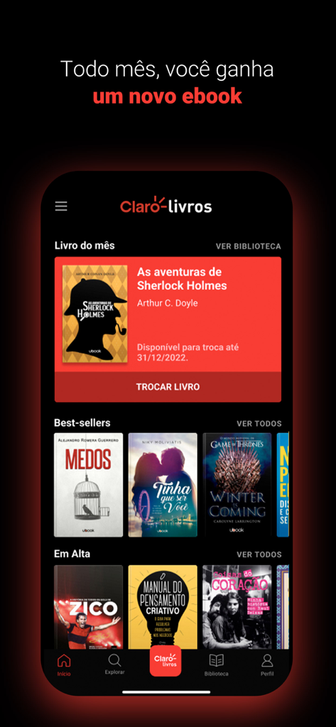 Claro Livros app interface showcasing monthly book selection and best sellers