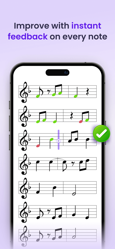 tonestro app showing digital sheet music with instant feedback on played notes