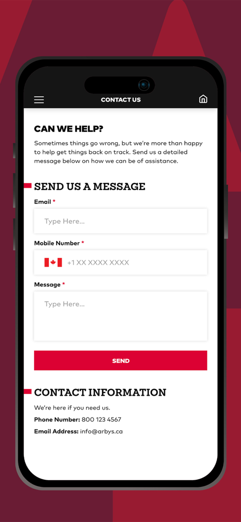 Arby's NON-US - Contact Us screen of the Arby's NON-US mobile app featuring a support message form and Canadian contact information.