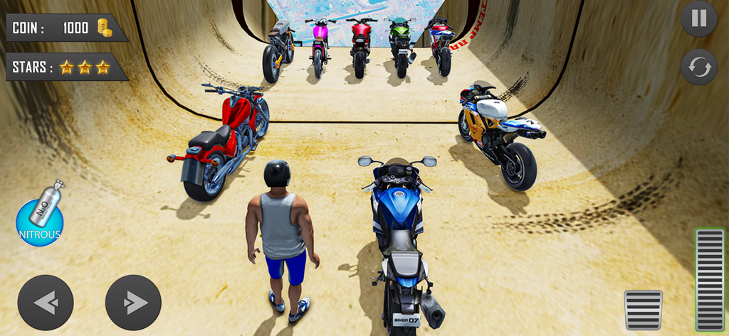 Xtreme MotorBikes Racing Games - A selection screen in a motorcycle racing game showing a variety of bikes on a ramp