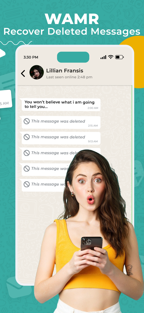 WAMR Recover Deleted Messages - Uma jovem surpresa olhando para seu telefone exibindo mensagens de bate-papo excluídas no aplicativo WAMR