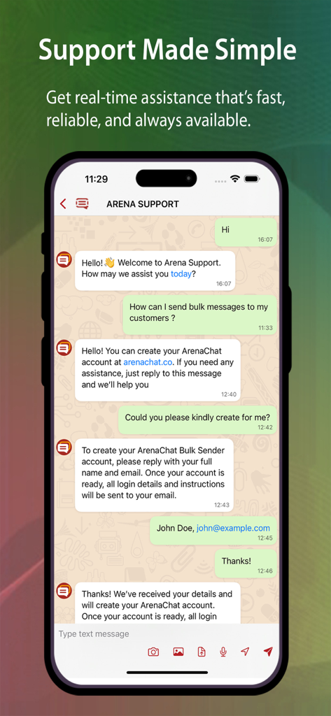Arena Chat - Arena Chat mobile app interface showing a direct and secure support chat conversation