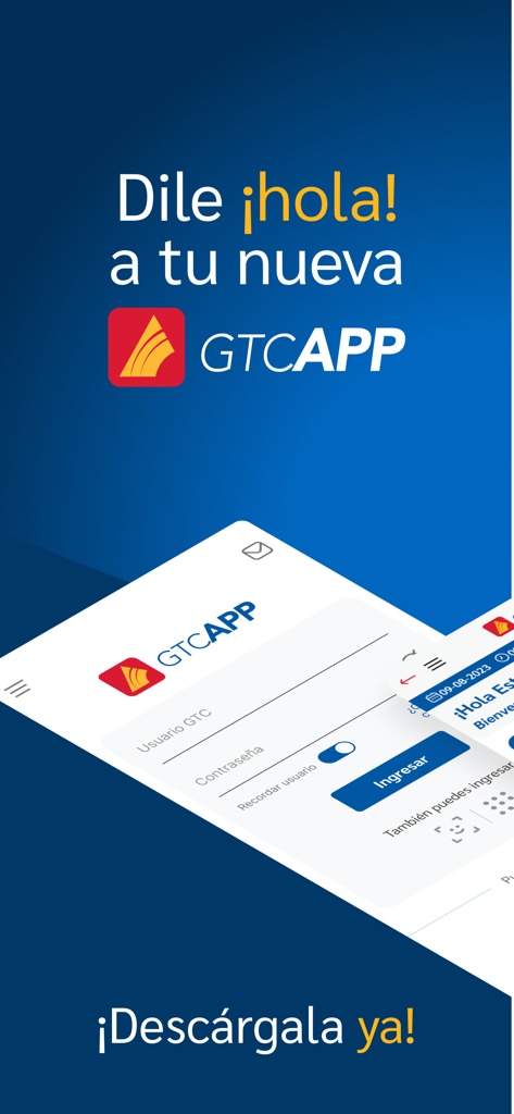 GTCApp - Promotional screen for GTCApp mobile banking showing the login interface and a download call to action