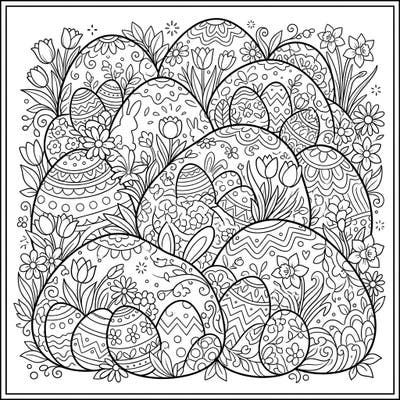 Unleash your creativity with this unique Easter coloring page, featuring intricate patterns of decorated eggs, charming bunny motifs, and blooming spring flowers intertwined with geological formations. Designed for teens, this complex composition offers hours of detailed coloring enjoyment.