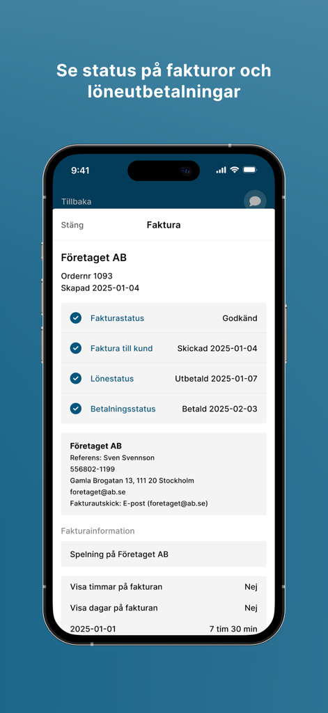 Frilans Finans - Interfaz de la aplicación móvil Frilans Finans que muestra el estado de una factura y el pago del salario con detalles sobre las fechas de aprobación y pago.