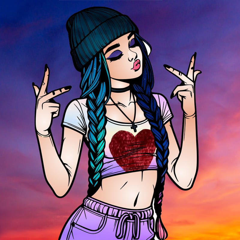 realistic teenage girl with braids and a beanie and crop top doing 🫶🏼
