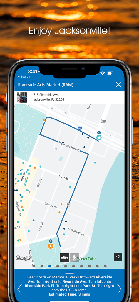 Visit JAX! - Navigation map within the Visit JAX app showing directions to the Riverside Arts Market in Jacksonville