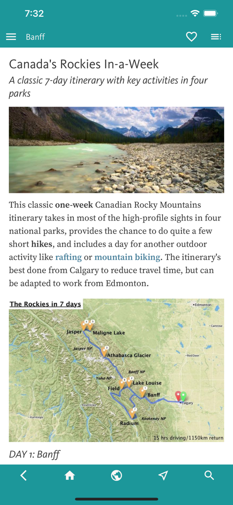Banff & Canada's Rockies Guide - A one-week travel itinerary for the Canadian Rockies with route map and scenic mountain landscape.