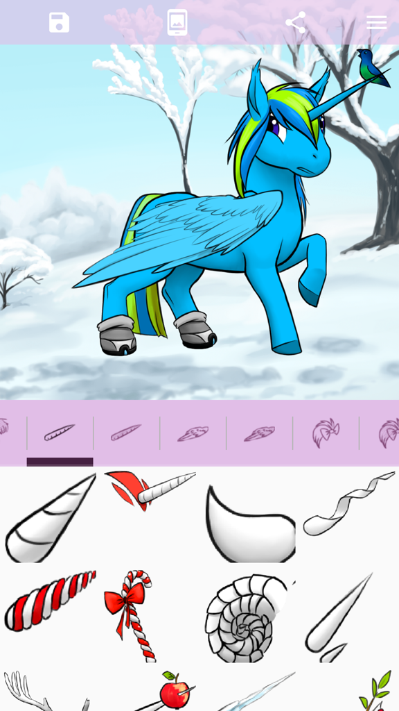 Avatar Maker: Pony 2 - A blue winged unicorn character being customized in the Avatar Maker Pony 2 app with various horn options displayed at the bottom.