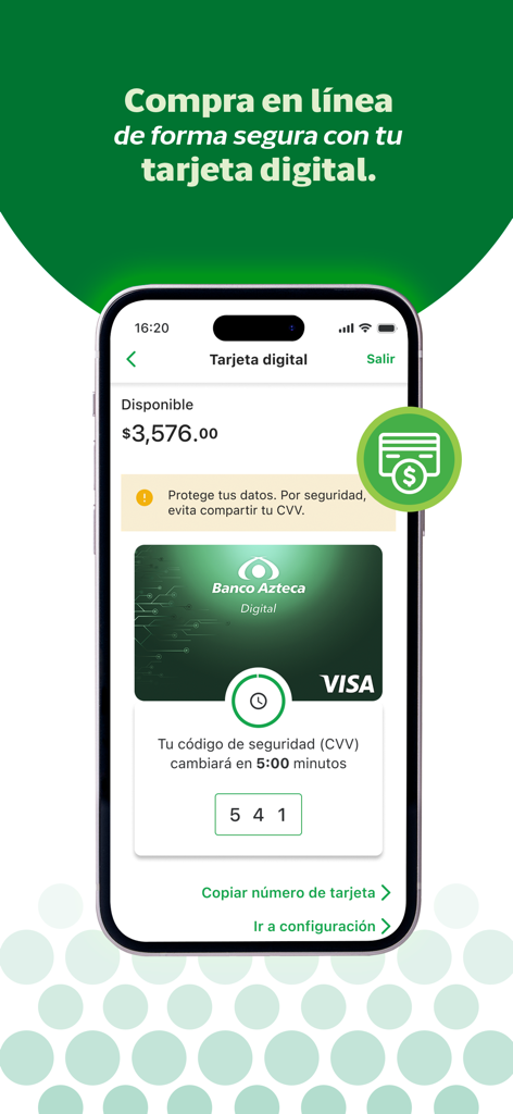 Banco Azteca - Schermata dell'app mobile Banco Azteca che mostra una carta Visa digitale per acquisti online sicuri