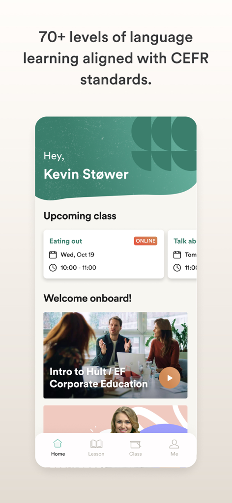 Dashboard der EF Corporate Learning App, das kommende Online-Kurse und CEFR-konforme Lernstufen anzeigt.