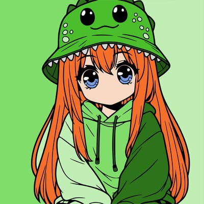 girl with anime shaped eyes with a dinosaur bucket hat oversized sweatshirt long straight hair