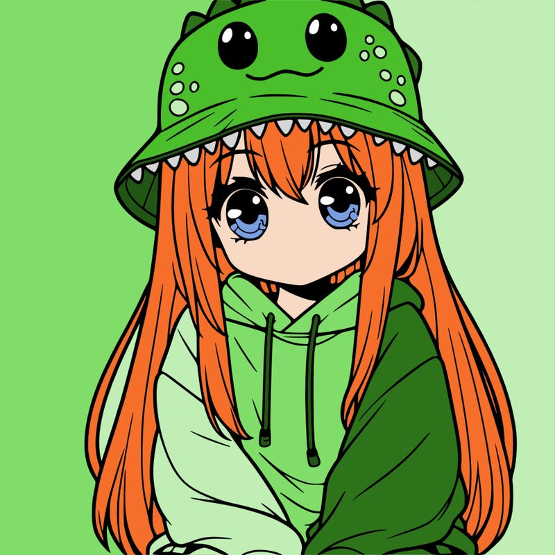 girl with anime shaped eyes with a dinosaur bucket hat oversized sweatshirt long straight hair