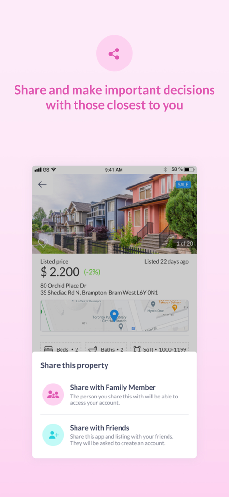 Interface do aplicativo Localizador de Imóveis mostrando detalhes da propriedade com opções para compartilhar listagens com familiares e amigos.
