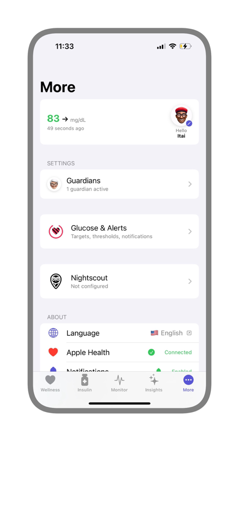 GlucoGuard - GlucoGuard app More tab showing user profile glucose reading and integration settings