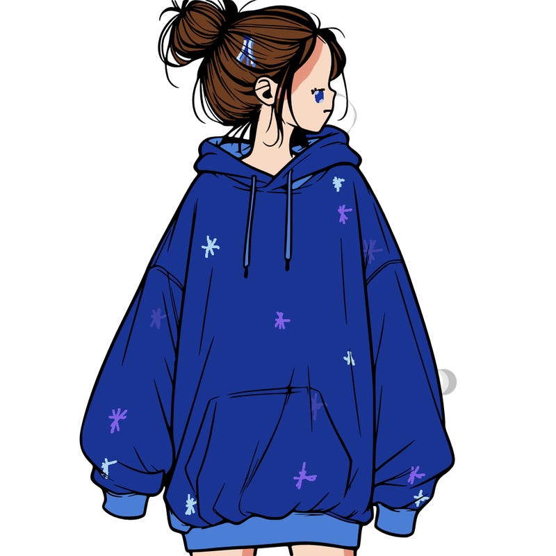 realistic girl with a oversized sweatshirt on and a bun