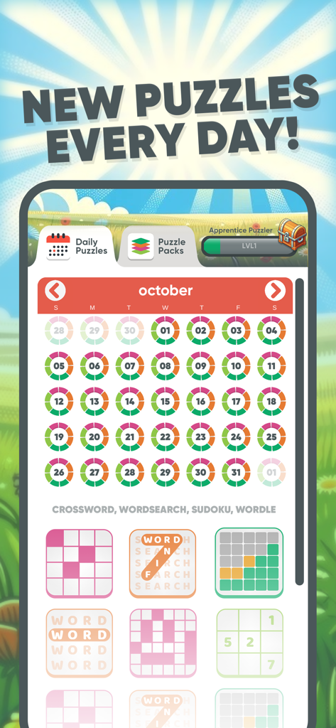 Monthly calendar view of daily challenges including crossword sudoku and word search in Everyday Puzzles app
