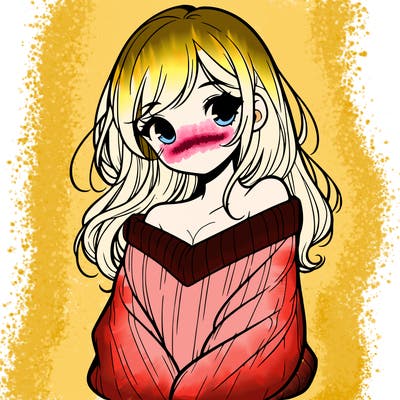 shy pretty girl wearing a sweater that is falling off one shoulder portrait