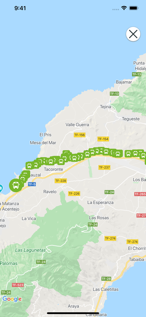Titsa - Map view of Tenerife in the Titsa app showing bus icons along various transport lines