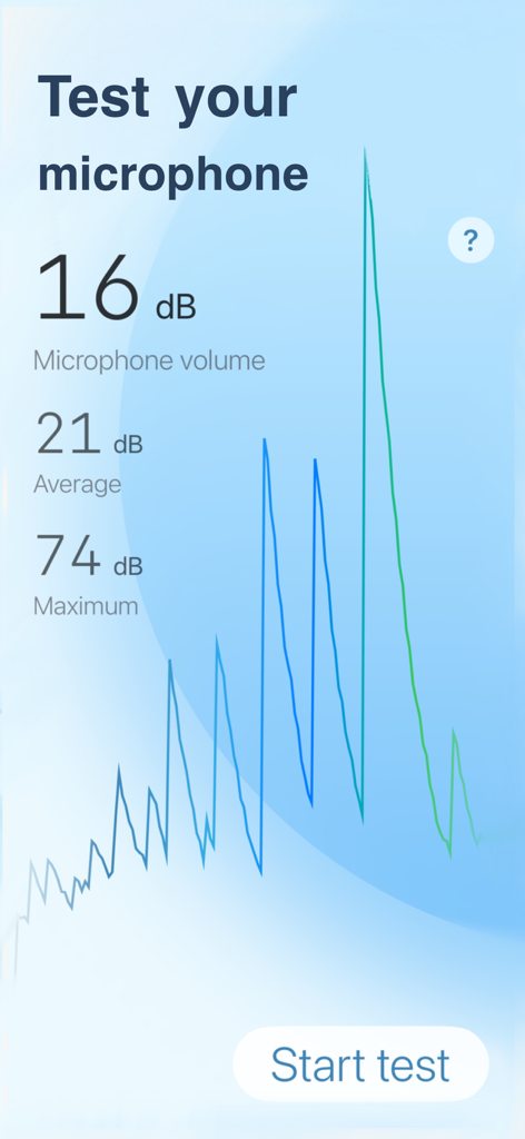 Interface of the microphone test feature in the CleanSound app showing decibel metrics and a real-time sound frequency graph