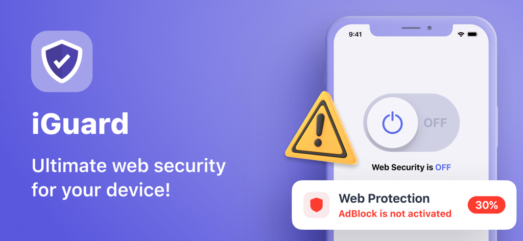 iGuard: Online Security - iGuard app screenshot showing web security status off with a warning icon and adblock notification