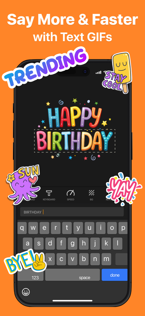 A mobile interface for creating animated text GIFs with colorful stickers and a Happy Birthday message.