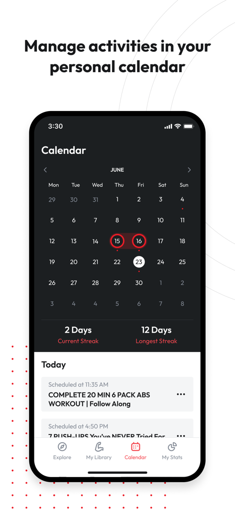 Heria Pro App-Kalenderansicht zur Planung und Verfolgung täglicher Workouts
