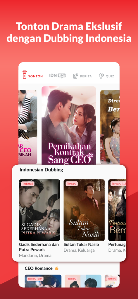 Interfaz de la aplicación IDN App que muestra una selección de dramas cortos románticos exclusivos con doblaje al indonesio